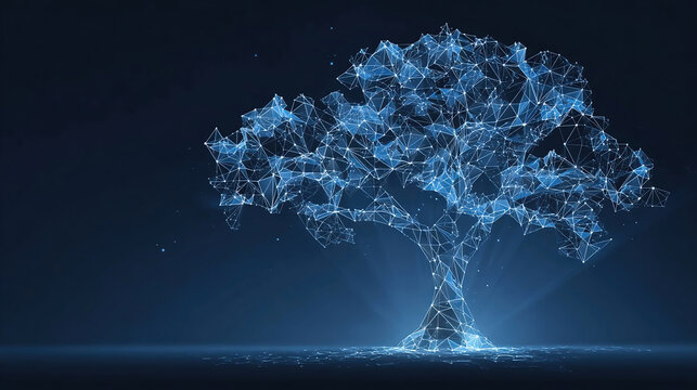 Abstract Digital Tech Tree in Low Poly Wireframe Style on Dark Blue Technology Background. Growth business and Evolution Concept. Polygonal Tree.