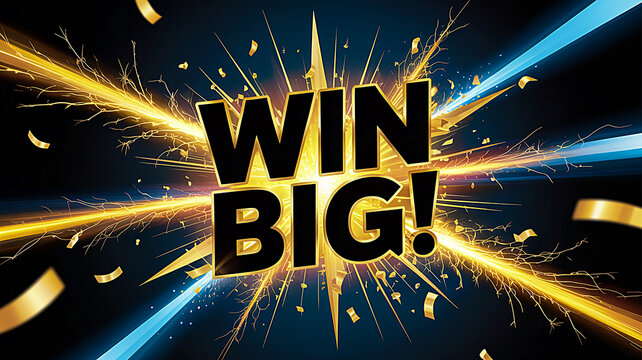 Explosive Win Big Message with Golden Confetti and Bright Light Beams winning success