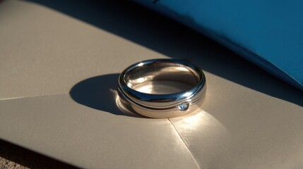 Wedding ring on envelope engagement announcement intimate setting natural light close-up love symbolism