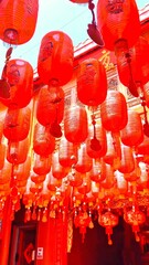 Red lanterns hanging high during a vibrant traditional festival.