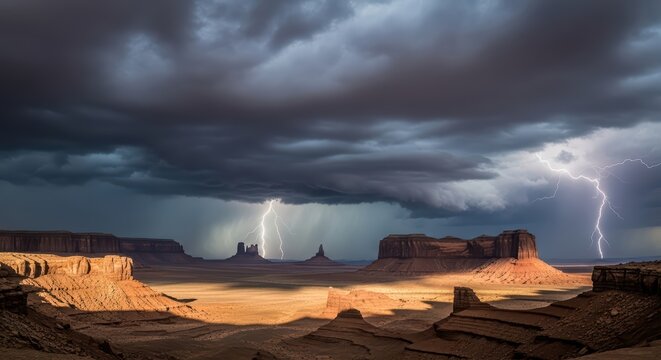 Stormy sky over monument valley with lightning strikes and dramatic cloudscape