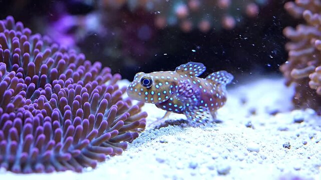 By a patch of glowing zoanthids, a small goby stands guard.