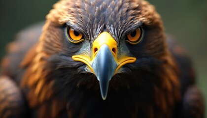 Obraz premium Golden eagle head front view. This bird of prey has intense orange eyes and a sharp grey beak. Brown and black feathers frame its face. It looks forward with great alertness.