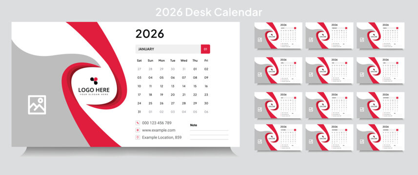 Customizable desk calendar 2026 template, corporate desk calendar schedule 2026 monthly 12-page planner layout, editable vector eps 10 file format