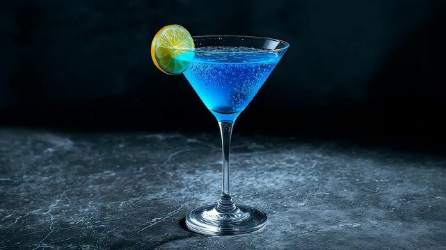 Blue Cocktail in Martini Glass with Lime Wedge Garnish on Dark Slate Surface
