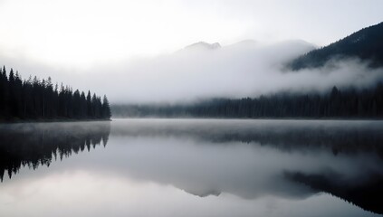 Fototapeta premium A misty lake landscape with perfect reflections, emphasizing nature's tranquility and scenic beauty.