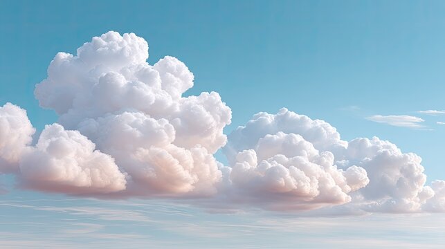 Daylight photo of fluffy white cumulus clouds against a clear pale blue sky with soft light creating a serene and peaceful atmosphere