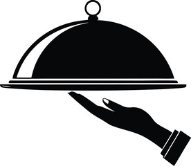 The shows a shiny silver cloche being lifted off a matching silver platter, revealing an empty surface, set against a white background