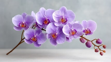 Delicate Purple Orchids With Speckled Petals Displayed Against a Soft Textured Gray Background With Subtle Lighting