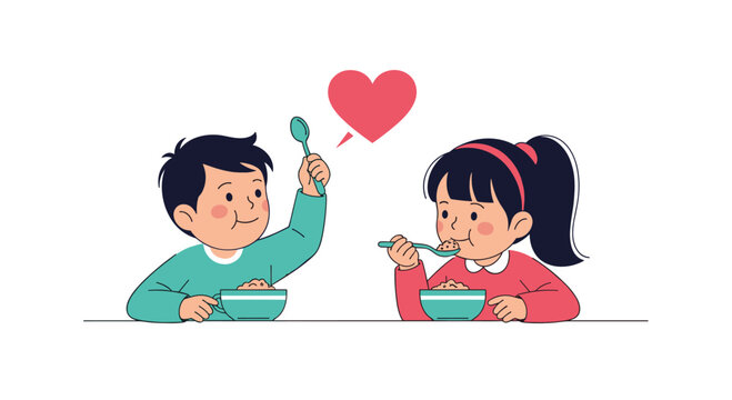 Illustration of a boy and girl sharing a meal together, with a heart above them, symbolizing love and connection, possibly representing family or friendship dynamics.