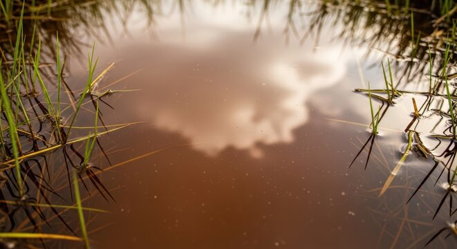 Cloud reflection in tranquil water surrounded by grass blades - Powered by Adobe