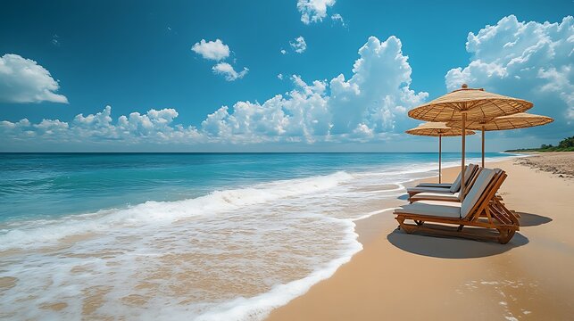 A scenic view of lounge chairs and umbrellas along a tropical beach shore line