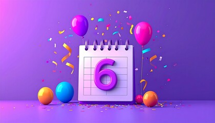 Vibrant calendar displaying number six with festive balloons and confetti on a purple background, celebrating a special event or milestone