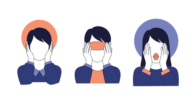 See no evil, hear no evil, speak no evil concept with three figures portraying the proverb by covering their eyes, ears, and mouth.