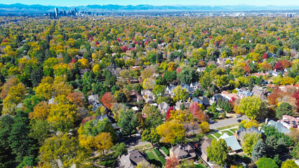 Aerial sweep from East Denver, Colorado fall-colored canopy to downtown skyline and Rocky...
