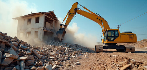 Fototapeta premium Excavator demolishes old house structure creating dust cloud. Piles of rubble from broken building. Machine dismantles concrete walls, preparing site for new construction.
