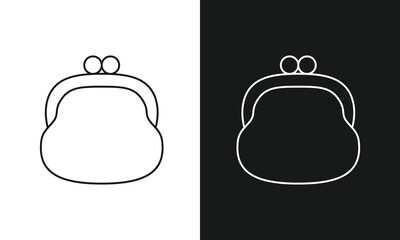 Minimalist Coin Purse Line Art Icon, Simple Retro Change Purse with Clasp Symbol, Modern Vector Graphic for Finance, Savings, and Personal Budgeting, Black and White Versions.