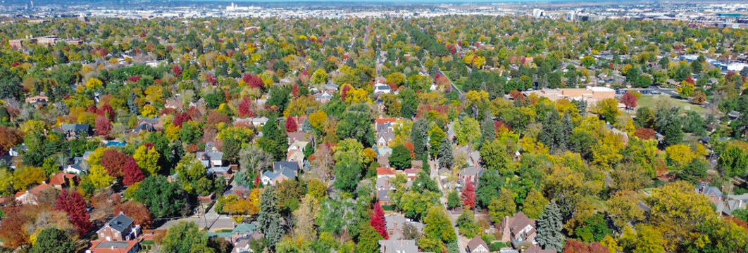 Panorama aerial view fall foliage dense suburban canopy Denver mixed-use corridor. Tree-lined homes giving way to warehouses, logistic hubs, low-rise buildings, industrial zone near Quebec Street - Powered by Adobe