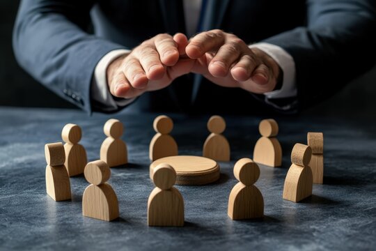 Protecting the Circle: A person in a suit shields a circle of wooden figures, symbolizing protection and leadership in a business meeting. This image underscores concepts of safeguarding.