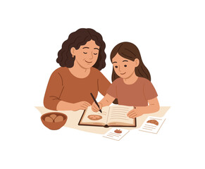 mother and daughter creating family cookbook generations of recipes and love flat vector illustration style isolated on white background