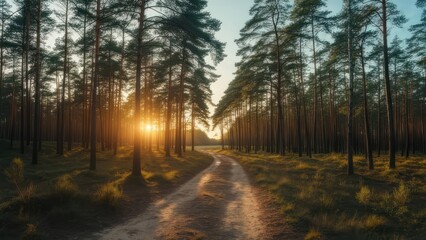 Obraz premium A dirt road curves through a sunlit forest, leading towards a bright, golden sunrise