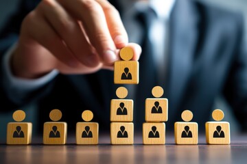Naklejka premium Building the Hierarchy: A hand carefully places a figure atop a pyramid of blocks, symbolizing human resources and leadership