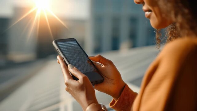 Close up of a young woman holding a smartphone outside during golden hour, sunlight creating a serene atmosphere. The image highlights connectivity, communication, and everyday digital habits - Powered by Adobe