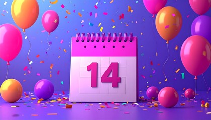 Festive Calendar Celebrating the 14th with Colorful Balloons and Confetti