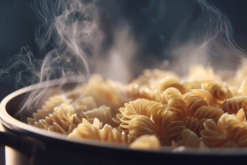  Close-up of pasta cooking in pot, steam rising, photorealistic. High quality photo