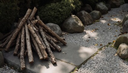 Fototapeta premium A pile of logs rests beside a stone path, gravel, and greenery, evoking a serene outdoor setting