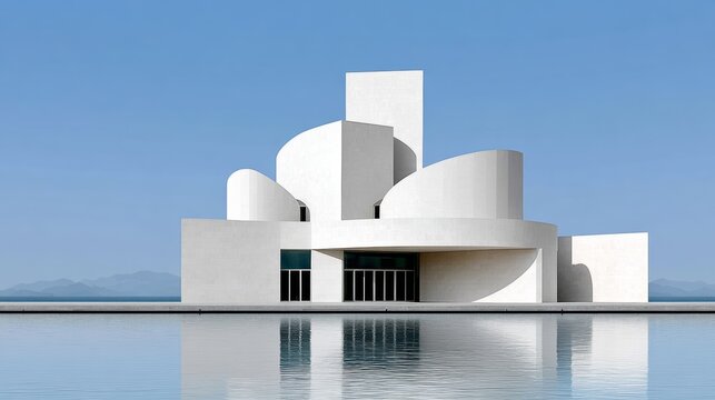 A large white building with a blue sky in the background. The building is surrounded by water and has a large window