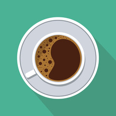 Vector coffee cup with saucer and long shadow on green background.