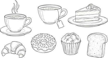 Fototapeta premium Hand-drawn doodle set of cafe and coffee shop icons, black and white line art.