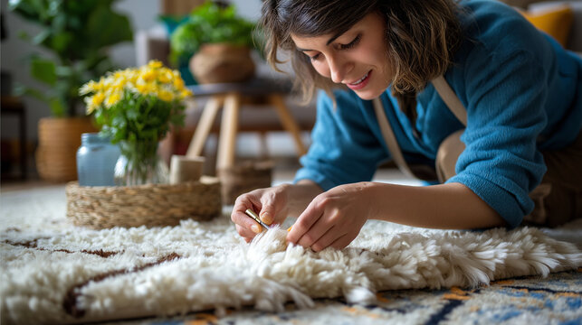 Home tufting process: crafting a smile rug with tufting gun, DIY d&eacute;cor, handmade textile, small business, creative studio, cozy hobby scene, with copy space