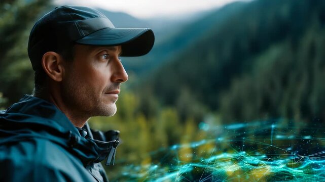 Man wearing outdoor gear, cap looks ahead in vibrant forest, with glowing digital holograms blending into scenery. This symbolizes fusion technology, nature in modern world
