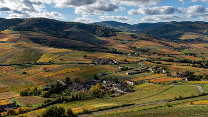 Paysage du vignoble du Beaujolais dans le d&eacute;partement du Rh&ocirc;ne &agrave; l'automne autour du Mont Brouilly