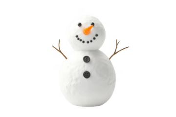 Cheerful snowman with carrot nose and button eyes isolated on a transparent background