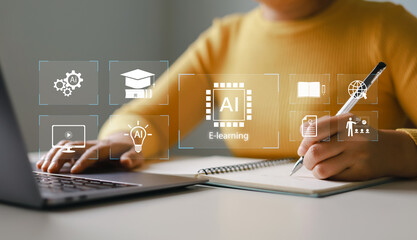 Woman using laptop for learning using artificial intelligence AI, educational tools, video teaching, digital courses, internet lessons, e-learning education concept.