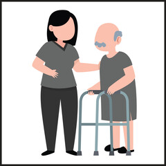Fototapeta premium A compassionate nurse provides gentle assistance to an elderly man using a walker for improved mobility.