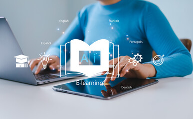 Woman using laptop for learning using artificial intelligence AI, educational tools, video teaching, digital courses, internet lessons, e-learning education concept.