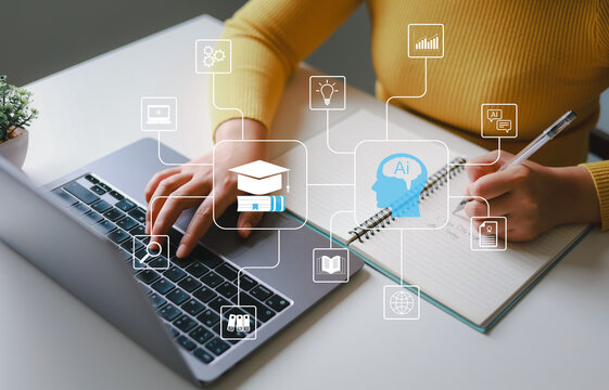 Woman using laptop for learning using artificial intelligence AI, educational tools, video teaching, digital courses, internet lessons, e-learning education concept.