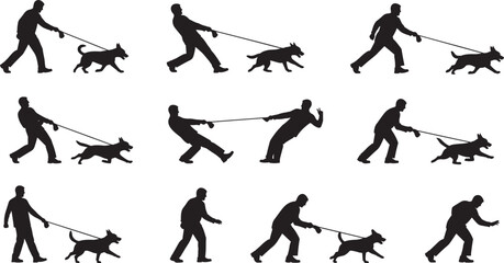 Dog walking, leash pulling, pet control, humorous silhouette, canine behavior, outdoor activity, human pet interaction, funny dog poses, walking struggle, black vector, pet training, motion dynamics