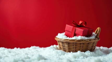 A red gift nestled in a wicker basket sits atop a blanket of pristine snow against a vibrant crimson backdrop.