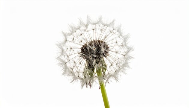 Close-up of mature dandelion seed head with feathery pappi and green stem on white background for editorial botanical photography seed dispersal and poetic transience-themed visuals - Powered by Adobe