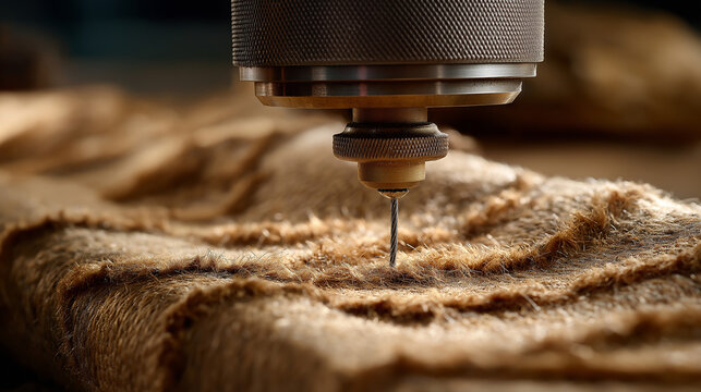 Tufting a small tank motif rug on burlap with tufting gun, handmade textile art, craft process, workshop detail, maker movement, niche d&eacute;cor, with copy space