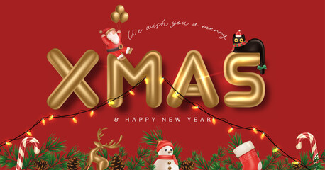 Golden XMAS text with Santa Claus and festive elements celebrating joyful Merry Christmas and Happy New Year. Christmas Social Media Post Design Vector Illustration 