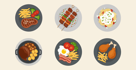 Set of six dinner and meal icons, top-down view: steak, pasta, chicken, breakfast.