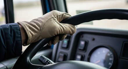 Gloved hand steering wheel in truck interior