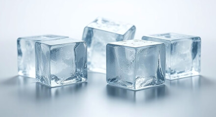 Crystal Clear Ice Cubes on Reflective Surface with Subtle Blue Tones &ndash; Minimalistic Frozen Water Block Closeup, Clean and Refreshing Beverage Concept