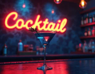 Stickers Bar Martini glass holds blue cocktail drink on dark bar counter. Red neon light sign Cocktail glows brightly in background. Night scene in modern club pub evokes nightlife, party mood for happy hour.  © miss irine